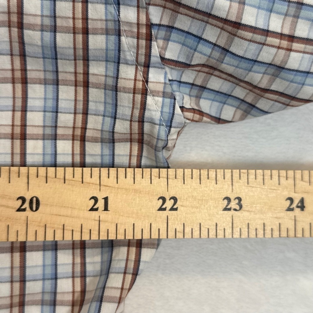 Vintage 90s Texas Cotton Blue Brown Plaid Button Down Shirt Large - Picture 7 of 8